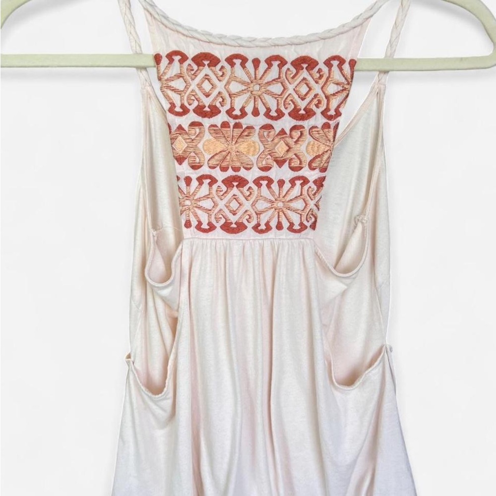 Anthropologie Sleeveless Cream Bubble Tank with Embroidered Coral Yoke